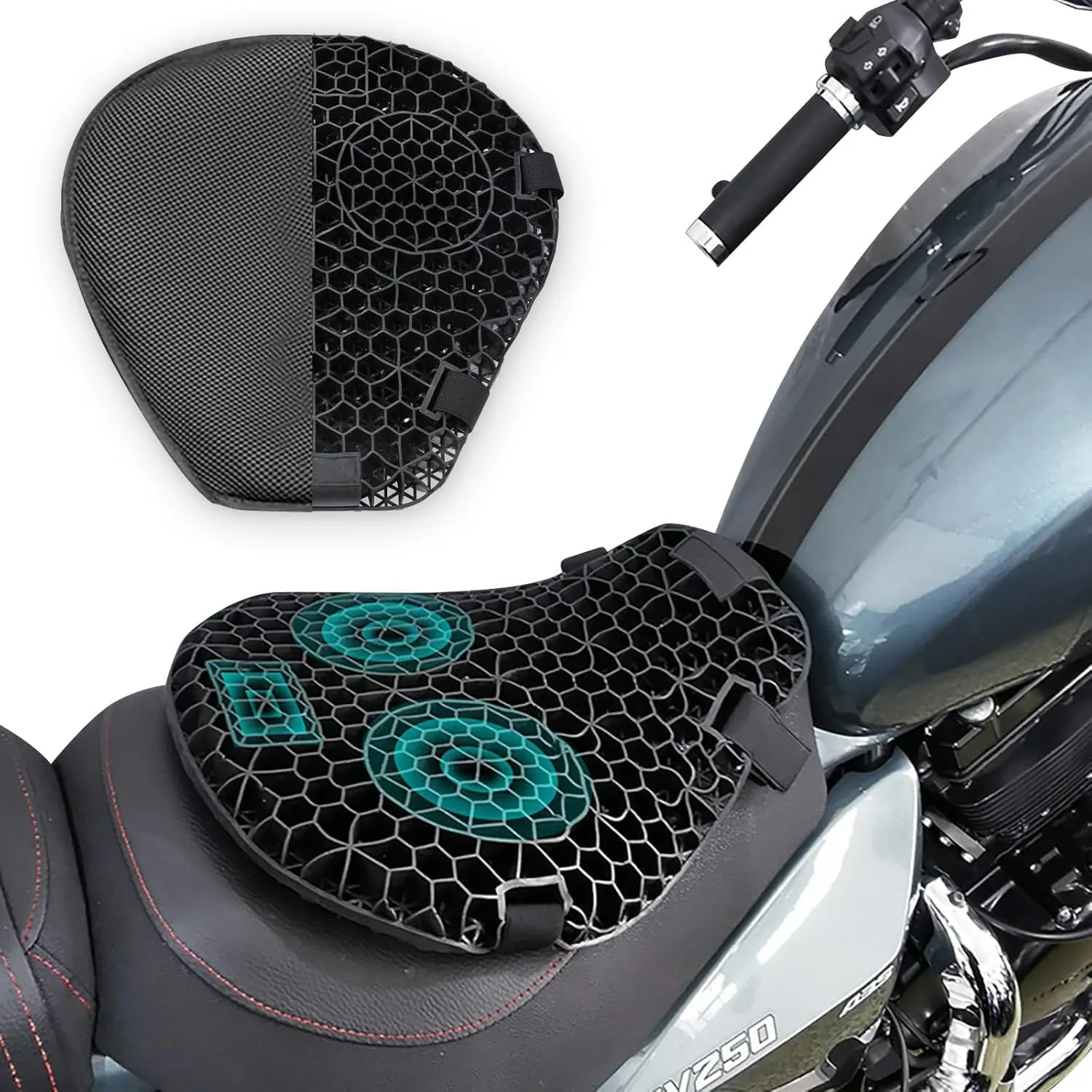 Motorcycle Seat Cushion with Seat Cover, 3D Honeycomb Structure, Breathable Shock Absorption Motorcycle seat Cover, Motorcycle Gel Seat Pad for Comfortable Long Rides