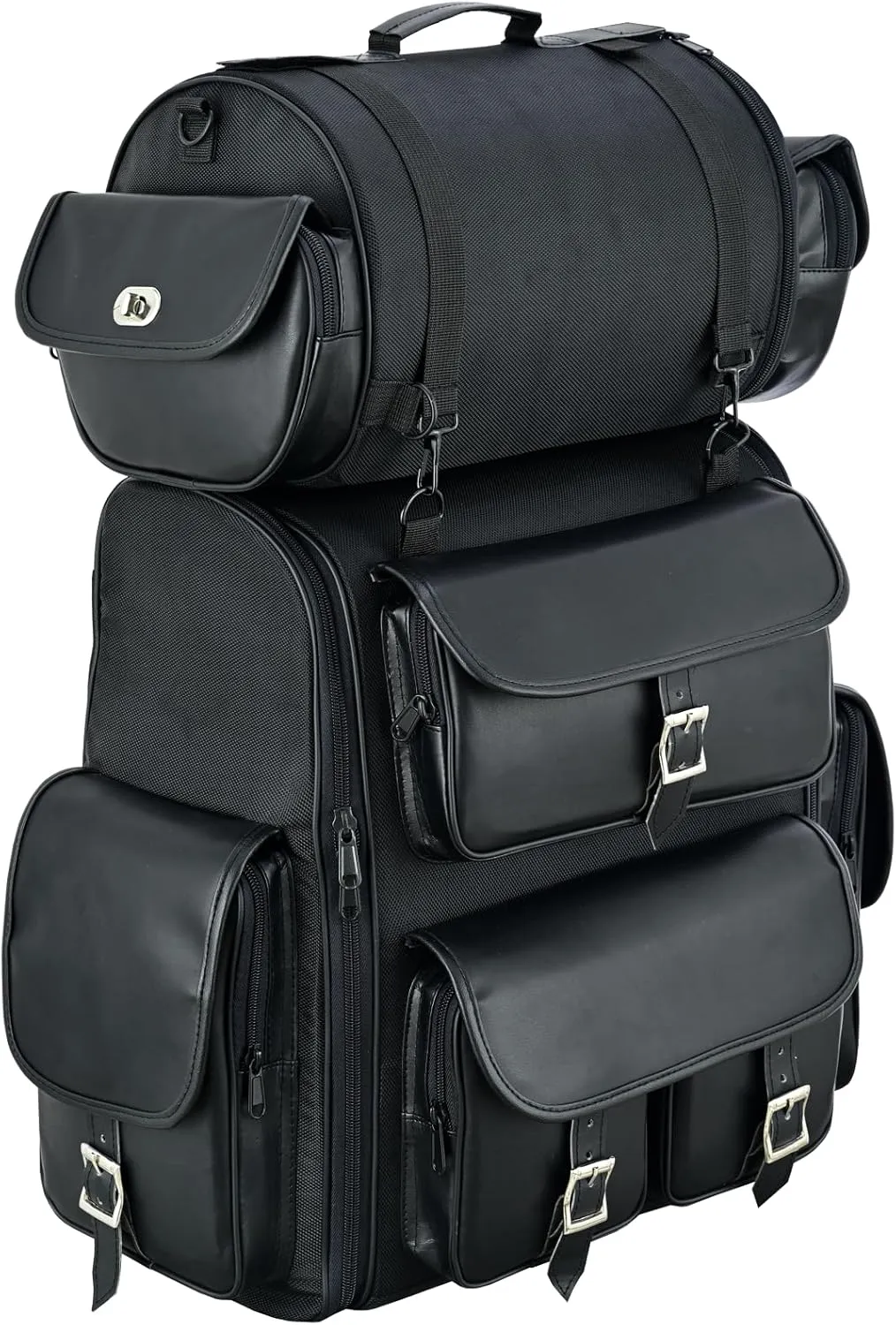 Motorcycle Sissy Bar Bag Weather Proof Black Motorcycle Luggage Bag with Multiple Storage Compartments, Adjustable Mounting Rig, Removable Rain Cover
