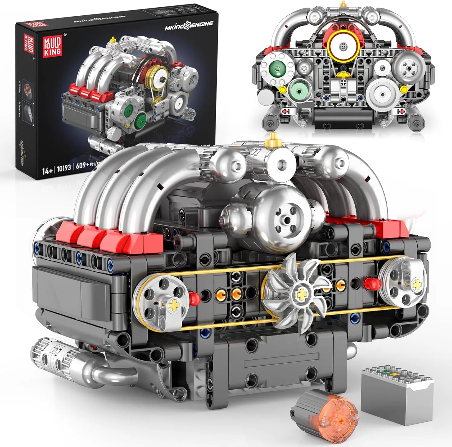 Mould King Boxer Engine Model Building Kit That Works, Cars Mini Engine Build Kit Battery/Motor 10193 Blocks Sets, V8 Engine Collection for Office Display, STEM Toy Gift for Adults 14  Boys