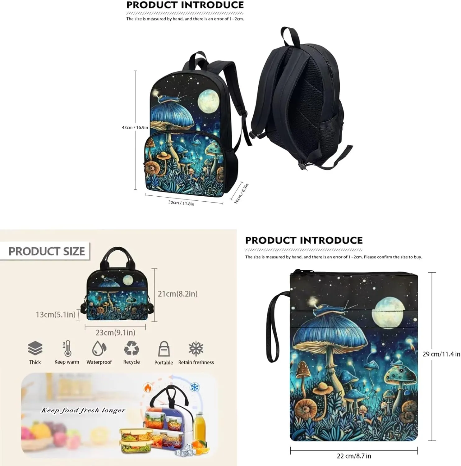 Mushroom Elementary School Backpack for Girls Multi-Functional Fashion School Messenger Bag Retain Freshness Freezable Lunch Bag Mini Freezable Lunch Bag for Students