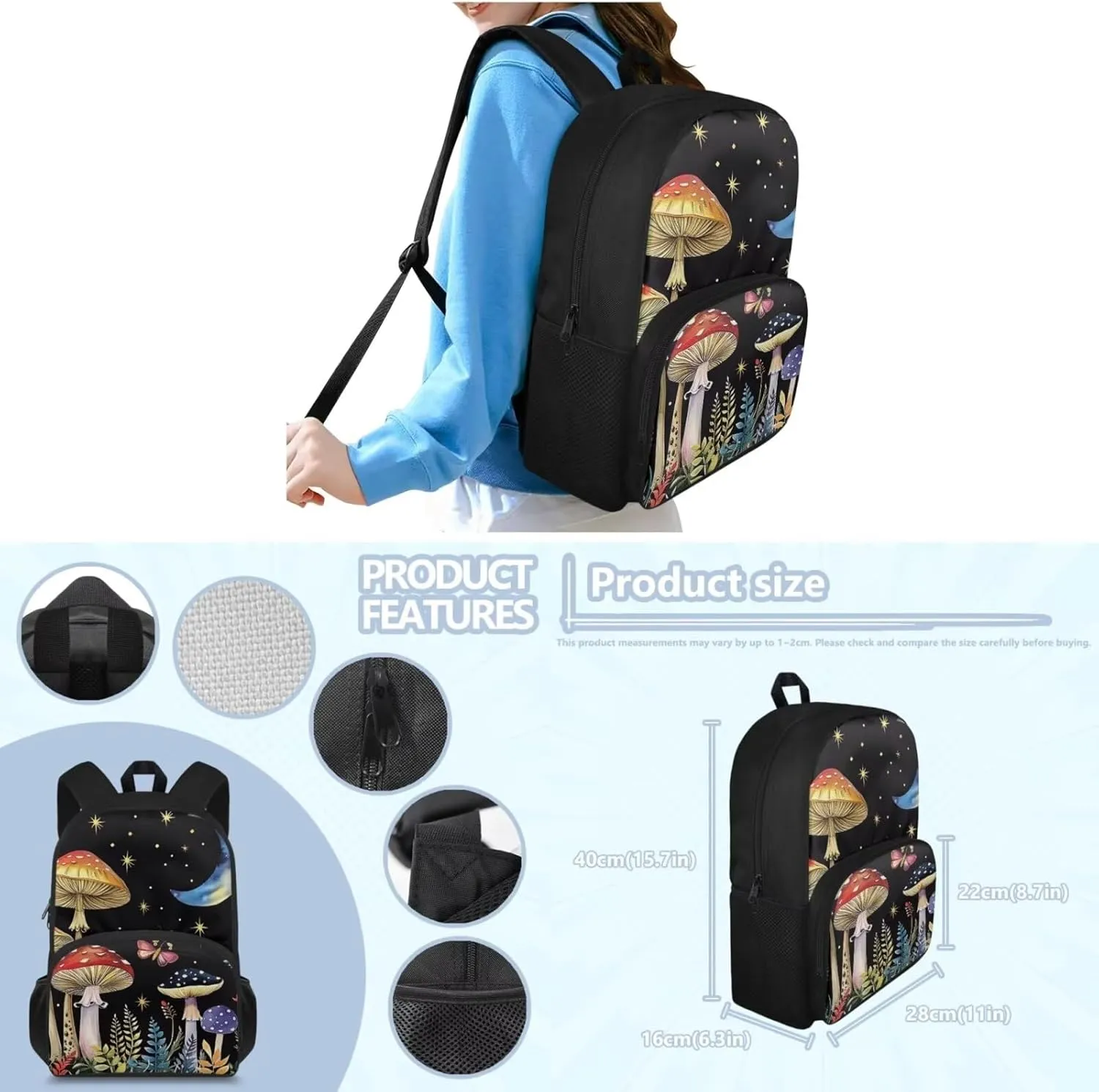 Mushroom Print Teen Boy Backpack with Water Bottle Fashion Crossbody School Bag for School Oil Proof Lunch Box Insulated and Pencil Case for Back to School Gifts