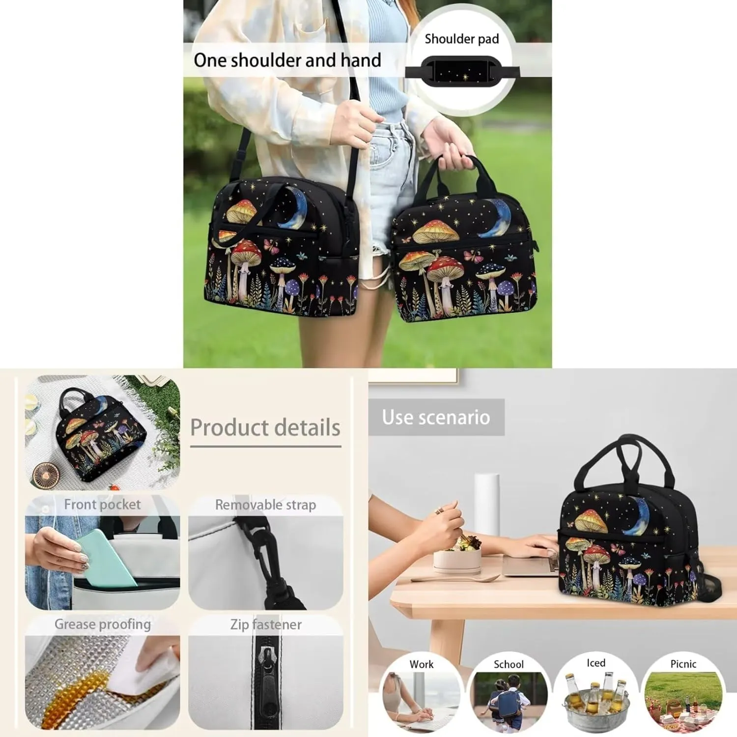 Mushroom Print Teen Boy Backpack with Water Bottle Fashion Crossbody School Bag for School Oil Proof Lunch Box Insulated and Pencil Case for Back to School Gifts