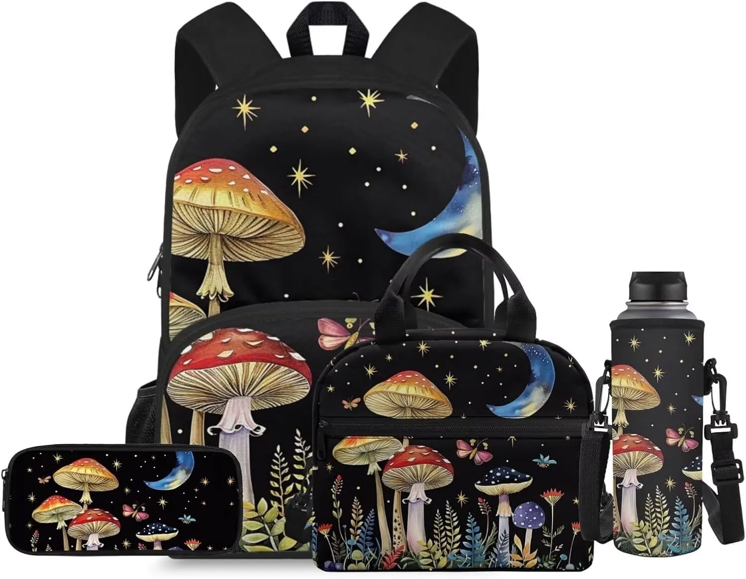 Mushroom Print Teen Boy Backpack with Water Bottle Fashion Crossbody School Bag for School Oil Proof Lunch Box Insulated and Pencil Case for Back to School Gifts