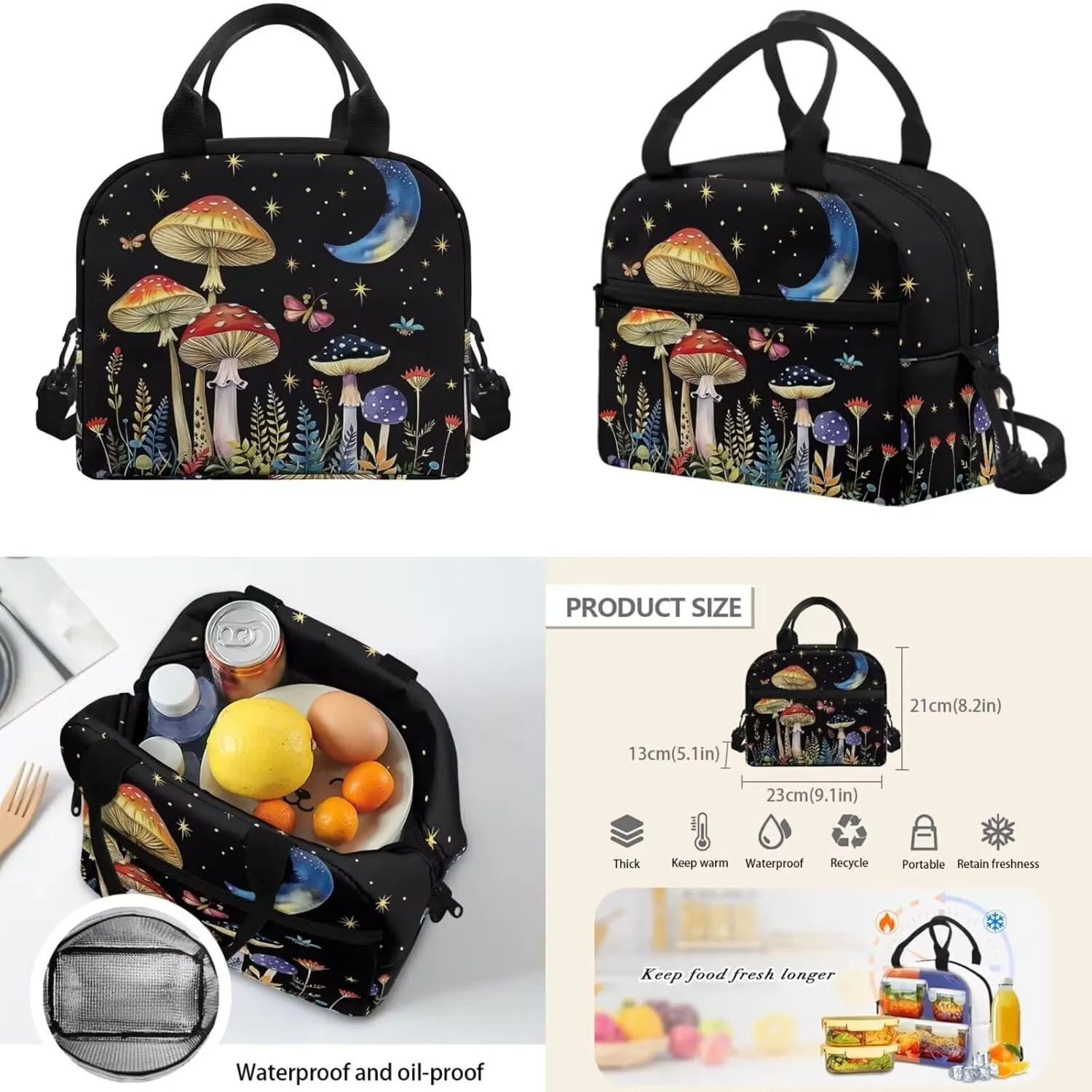 Mushroom Print Teen Boy Backpack with Water Bottle Fashion Crossbody School Bag for School Oil Proof Lunch Box Insulated and Pencil Case for Back to School Gifts