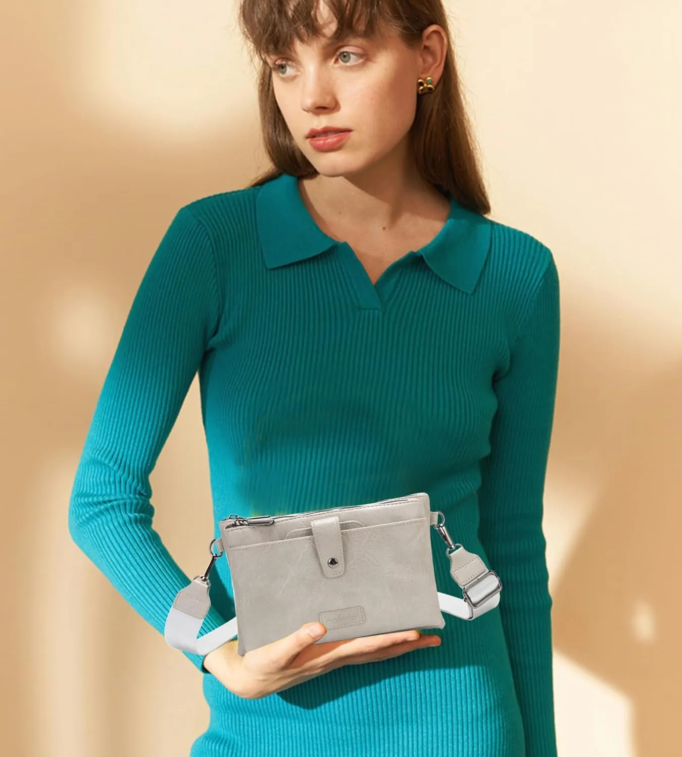 myfriday Vintage Leather Camera Crossbody Bag for Women, Stylish Two Layer Shoulder Bag Purse with Removable Card Slots