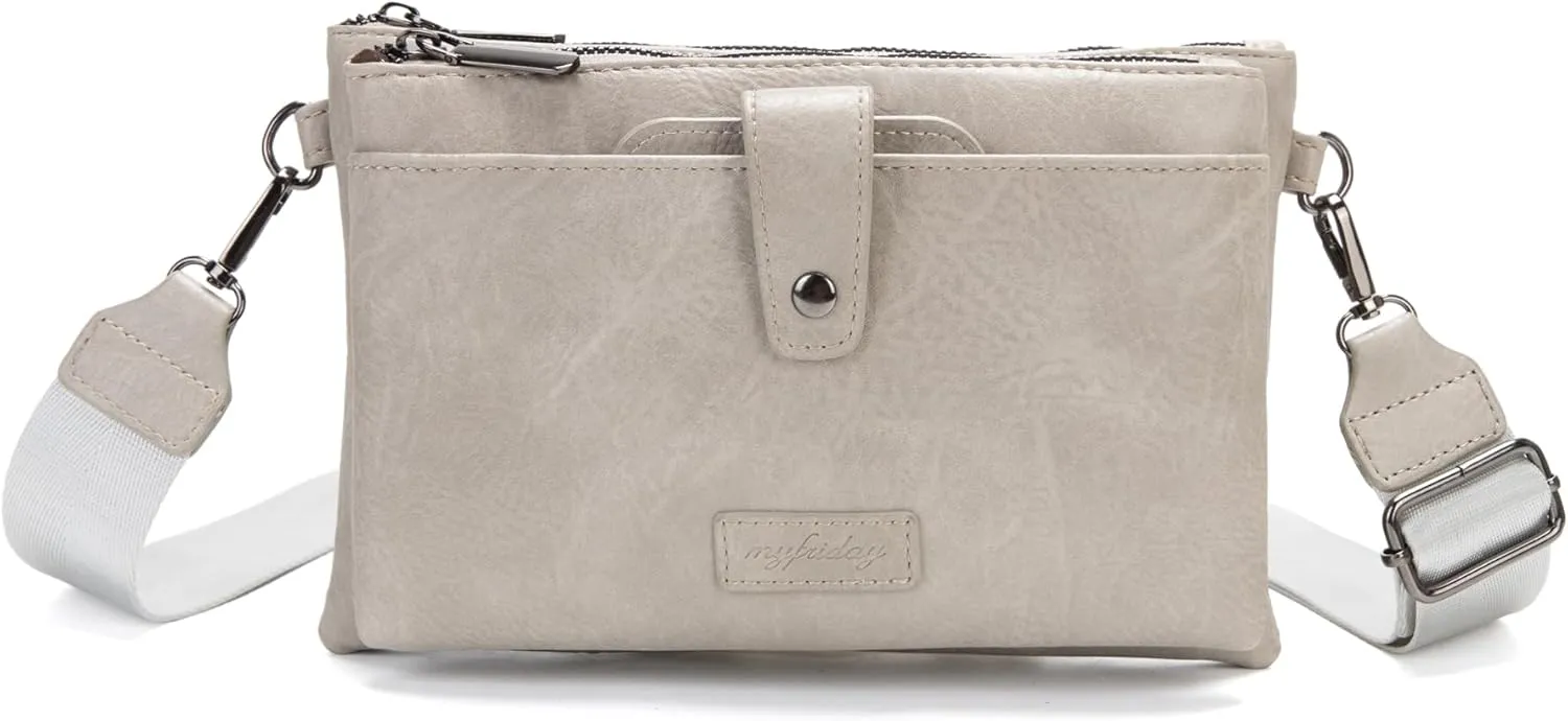 myfriday Vintage Leather Camera Crossbody Bag for Women, Stylish Two Layer Shoulder Bag Purse with Removable Card Slots