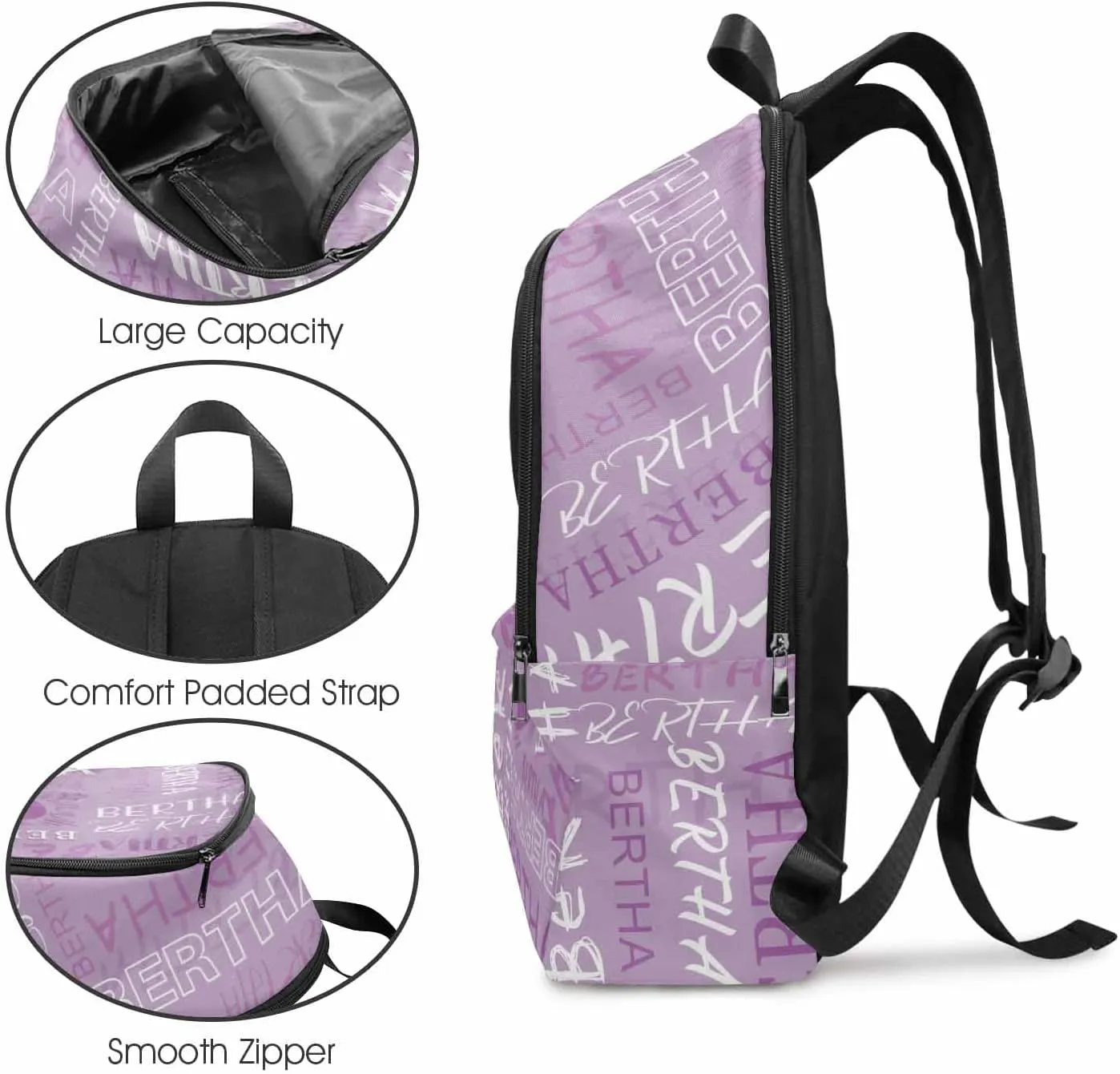 MyPupSocks Personalized Casual Daypack School Bag with Name for Students Back School Gift, Custom Purple Initial Name/Logo Backpack Shoulder Bag Book Bag Travel Knapsack for Men Women Hiking Travel