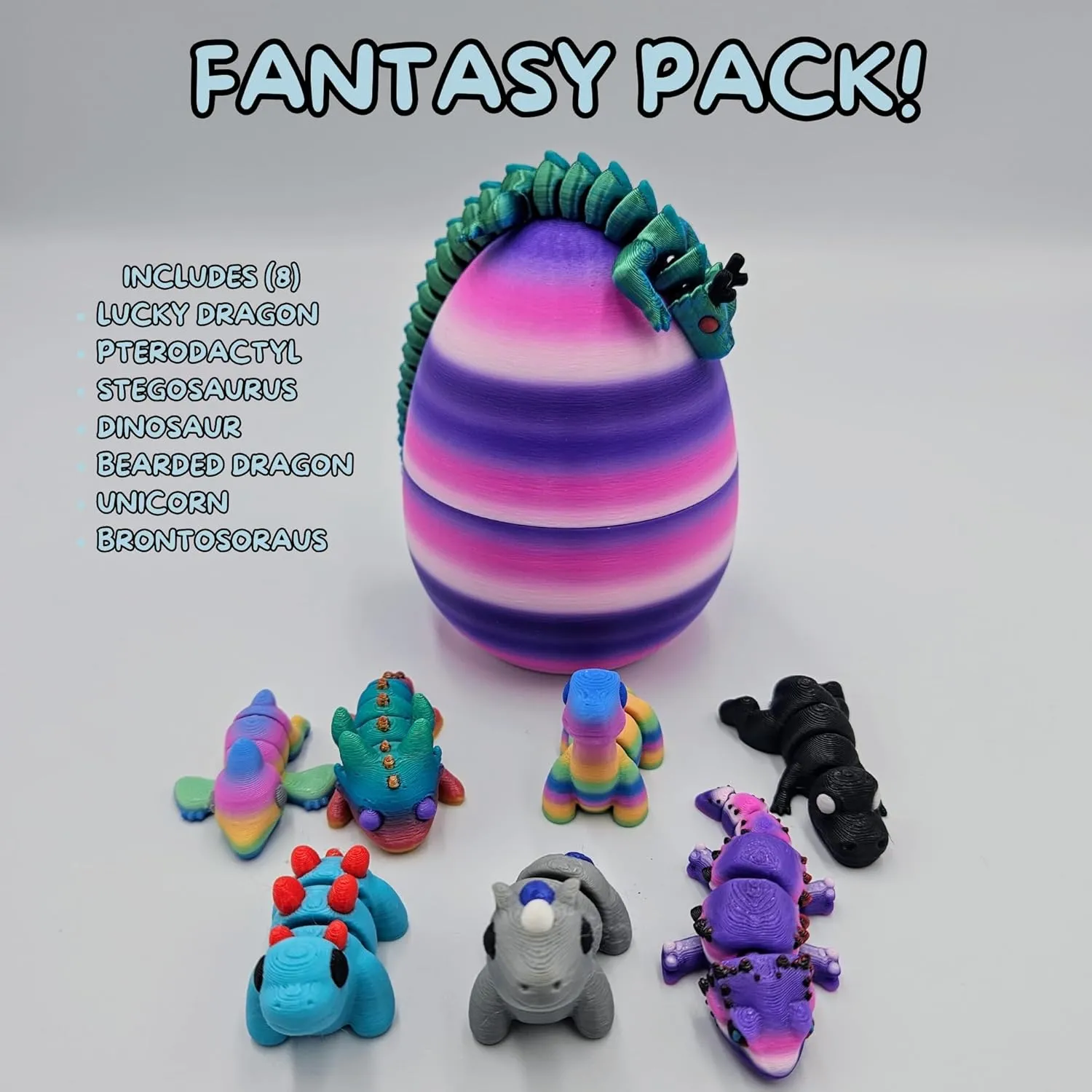 Mystery Mini Animal Packs - 3D Printed Articulating Figurines - Unique and Fun Designs Includes Mystery Egg - Stress Relief (Fantasy Pack)