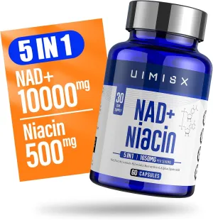 NAD Supplement 1000mg Pure Organic & Niacin(Vitamin B3) 500mg, NAD Supplement for Woman and Man, Nicotinamide Riboside (NR) Supports Anti-Aging, Energy, Brain, Non-GMO, Gluten-Free