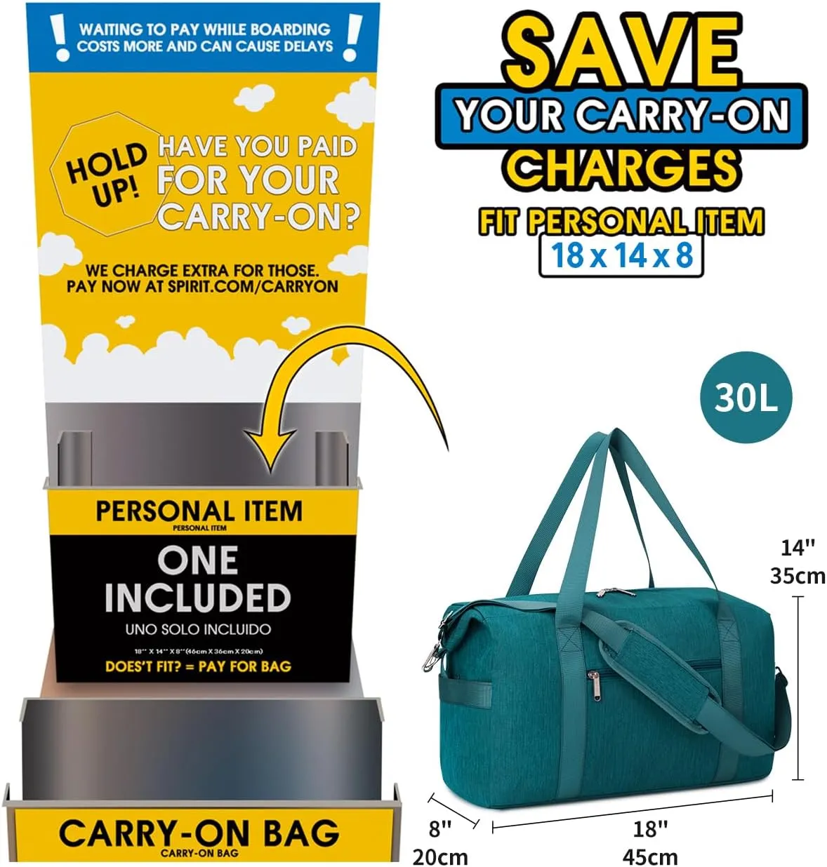 Narwey For Spirit Airlines Personal Item Bag 18x14x8 Travel Duffel Bag Carry on Bag Underseat for Airplane with Wet Pocket Small Gym Bag Weekender Overnight for Women and Men (Teal)