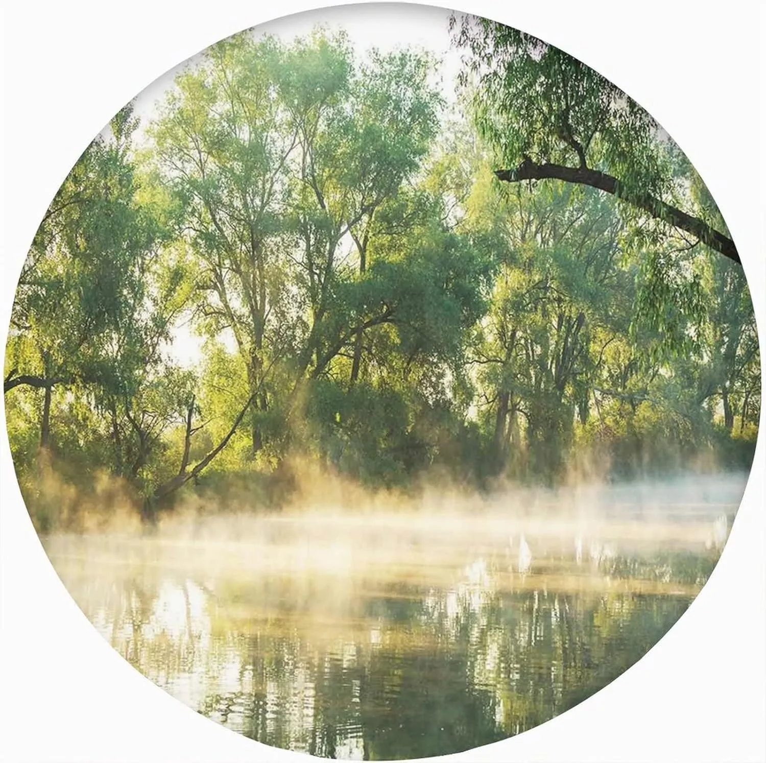 Nature Round Fitted Tablecloth with Elastic Edge,Surreal Misty Lake Scene Print Polyester Table Cover Small Fit Round Tables Diameter for Reception Restaurant Party Dining Banquet 72x72 in