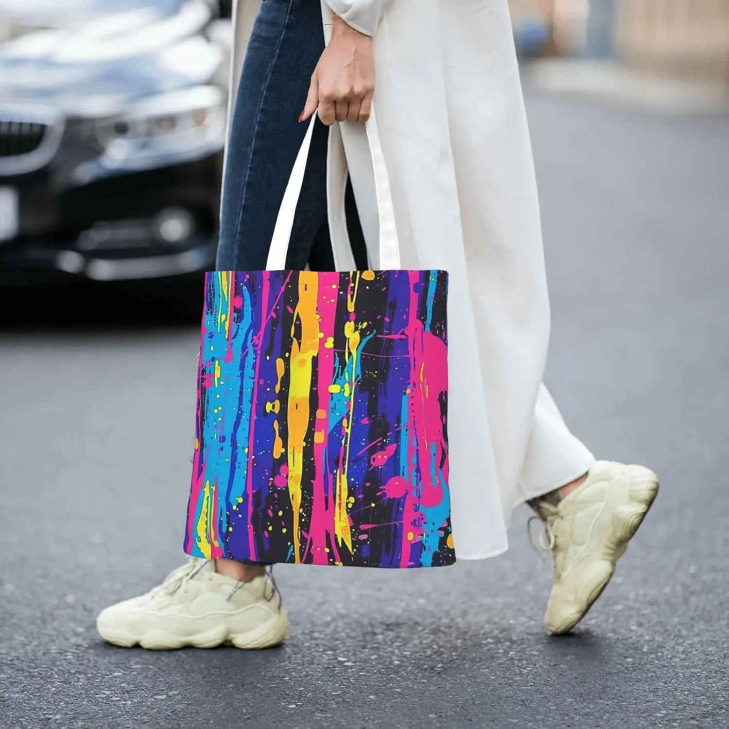 Neon Splatter Ink Tote Bag Reusable Shoulder Tote Bag For Women Lady Vacation, Shopping, Work