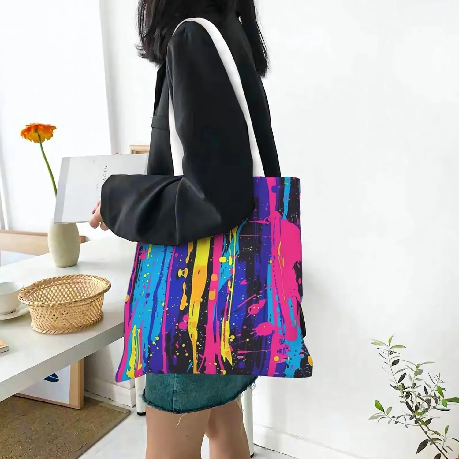 Neon Splatter Ink Tote Bag Reusable Shoulder Tote Bag For Women Lady Vacation, Shopping, Work