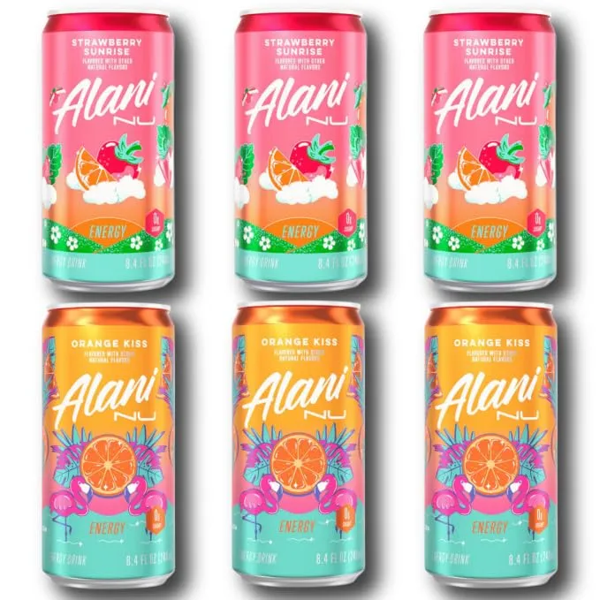 New Alani Energy Drinks Straeberry Sunrise, Orange Kiss Variety Pack mini Cans, Sugar Free, Low Calorie, 100 mg Caffeine 8.4oz (6 Pack)