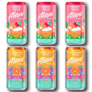 New Alani Energy Drinks Straeberry Sunrise, Orange Kiss Variety Pack mini Cans, Sugar Free, Low Calorie, 100 mg Caffeine 8.4oz (6 Pack)