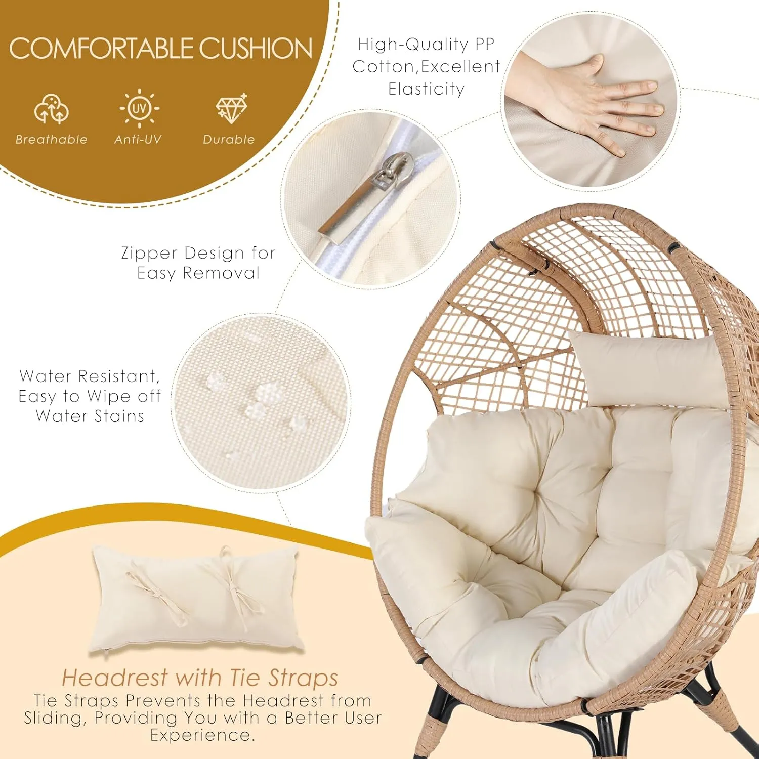 NICESOUL® Indoor Outdoor Egg Chair w/Ottoman, Huge Extra Large Eggshell Papasan Chair w/Cushion, Water & UV-Resistant Patio Lounge Chair w/Cover, Outside Reading Chair for Backyard, Porch, Beige