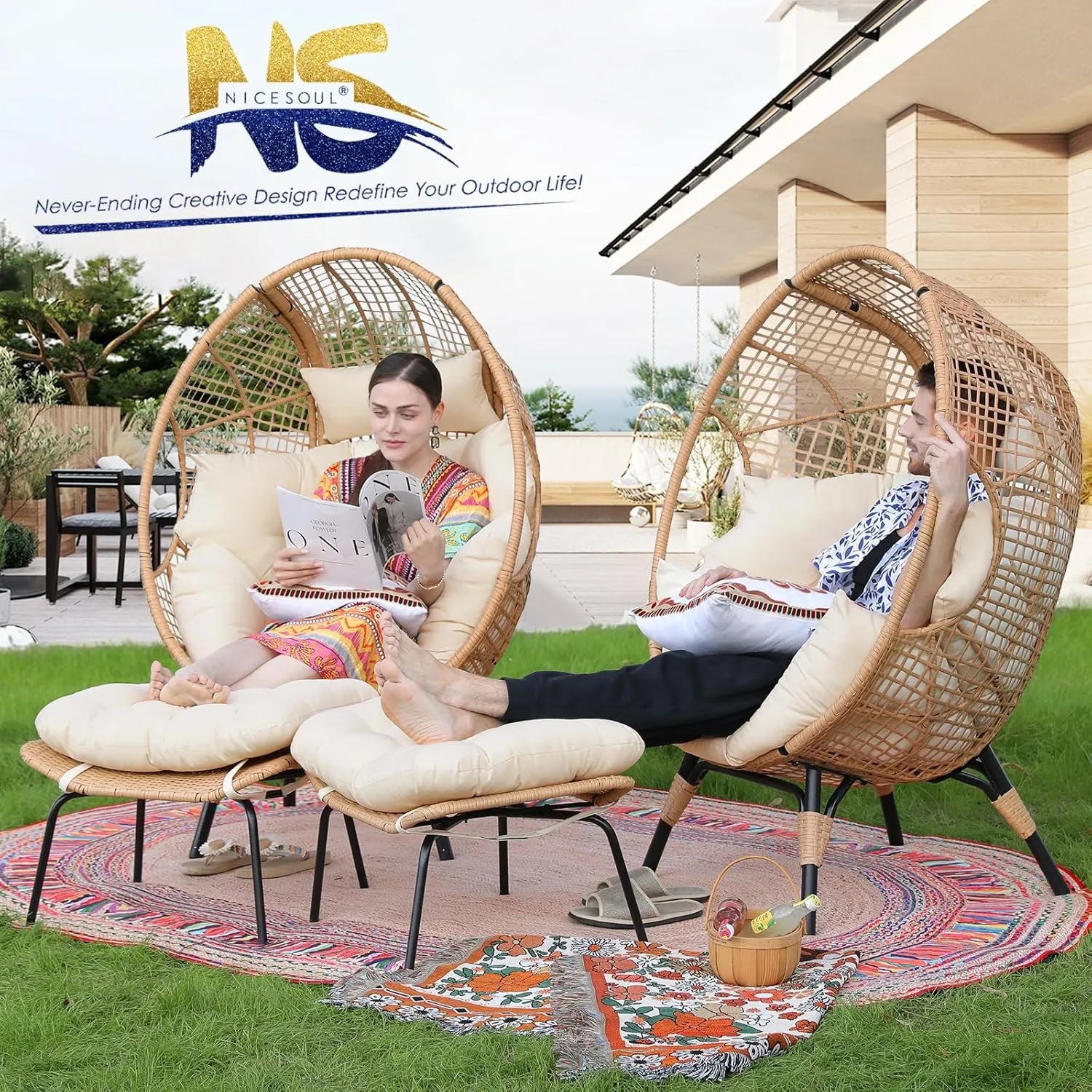 NICESOUL® Indoor Outdoor Egg Chair w/Ottoman, Huge Extra Large Eggshell Papasan Chair w/Cushion, Water & UV-Resistant Patio Lounge Chair w/Cover, Outside Reading Chair for Backyard, Porch, Beige