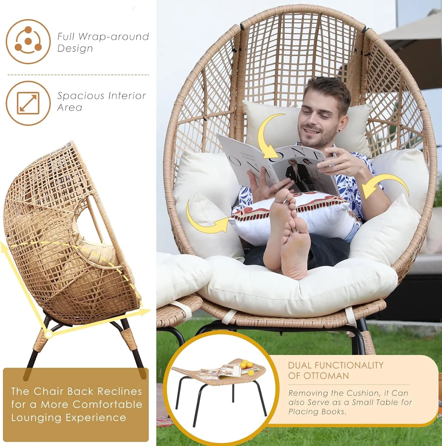 NICESOUL® Indoor Outdoor Egg Chair w/Ottoman, Huge Extra Large Eggshell Papasan Chair w/Cushion, Water & UV-Resistant Patio Lounge Chair w/Cover, Outside Reading Chair for Backyard, Porch, Beige