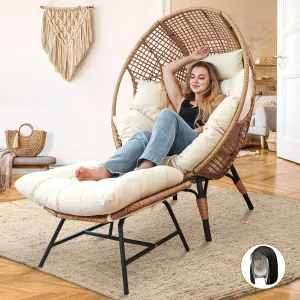 NICESOUL® Indoor Outdoor Egg Chair w/Ottoman, Huge Extra Large Eggshell Papasan Chair w/Cushion, Water & UV-Resistant Patio Lounge Chair w/Cover, Outside Reading Chair for Backyard, Porch, Beige