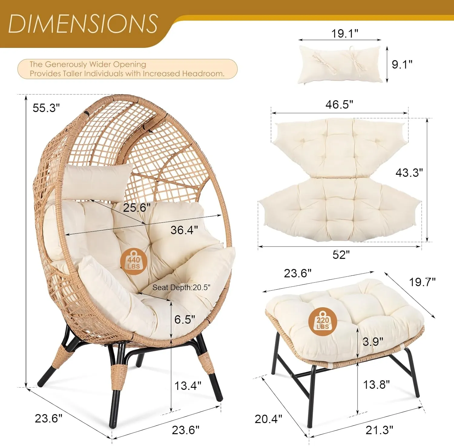 NICESOUL® Indoor Outdoor Egg Chair w/Ottoman, Huge Extra Large Eggshell Papasan Chair w/Cushion, Water & UV-Resistant Patio Lounge Chair w/Cover, Outside Reading Chair for Backyard, Porch, Beige