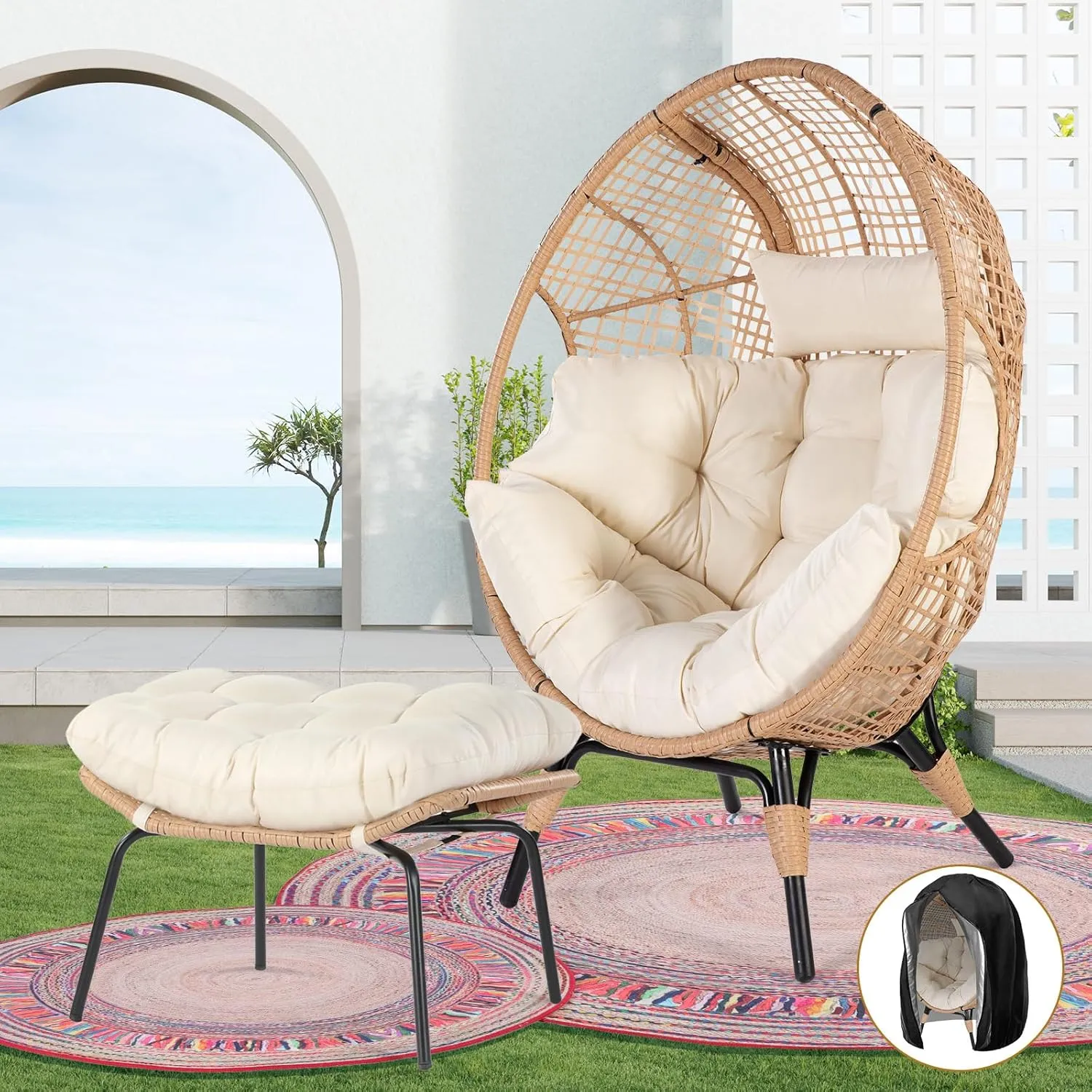 NICESOUL® Indoor Outdoor Egg Chair w/Ottoman, Huge Extra Large Eggshell Papasan Chair w/Cushion, Water & UV-Resistant Patio Lounge Chair w/Cover, Outside Reading Chair for Backyard, Porch, Beige