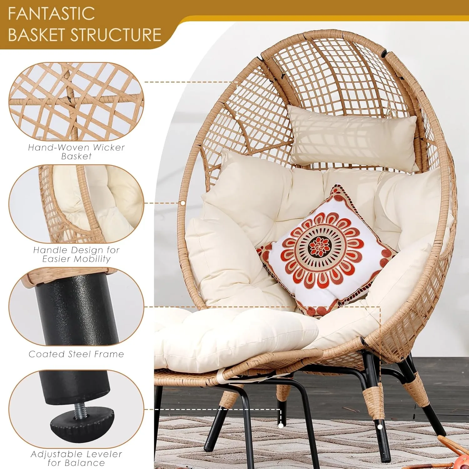 NICESOUL® Indoor Outdoor Egg Chair w/Ottoman, Huge Extra Large Eggshell Papasan Chair w/Cushion, Water & UV-Resistant Patio Lounge Chair w/Cover, Outside Reading Chair for Backyard, Porch, Beige