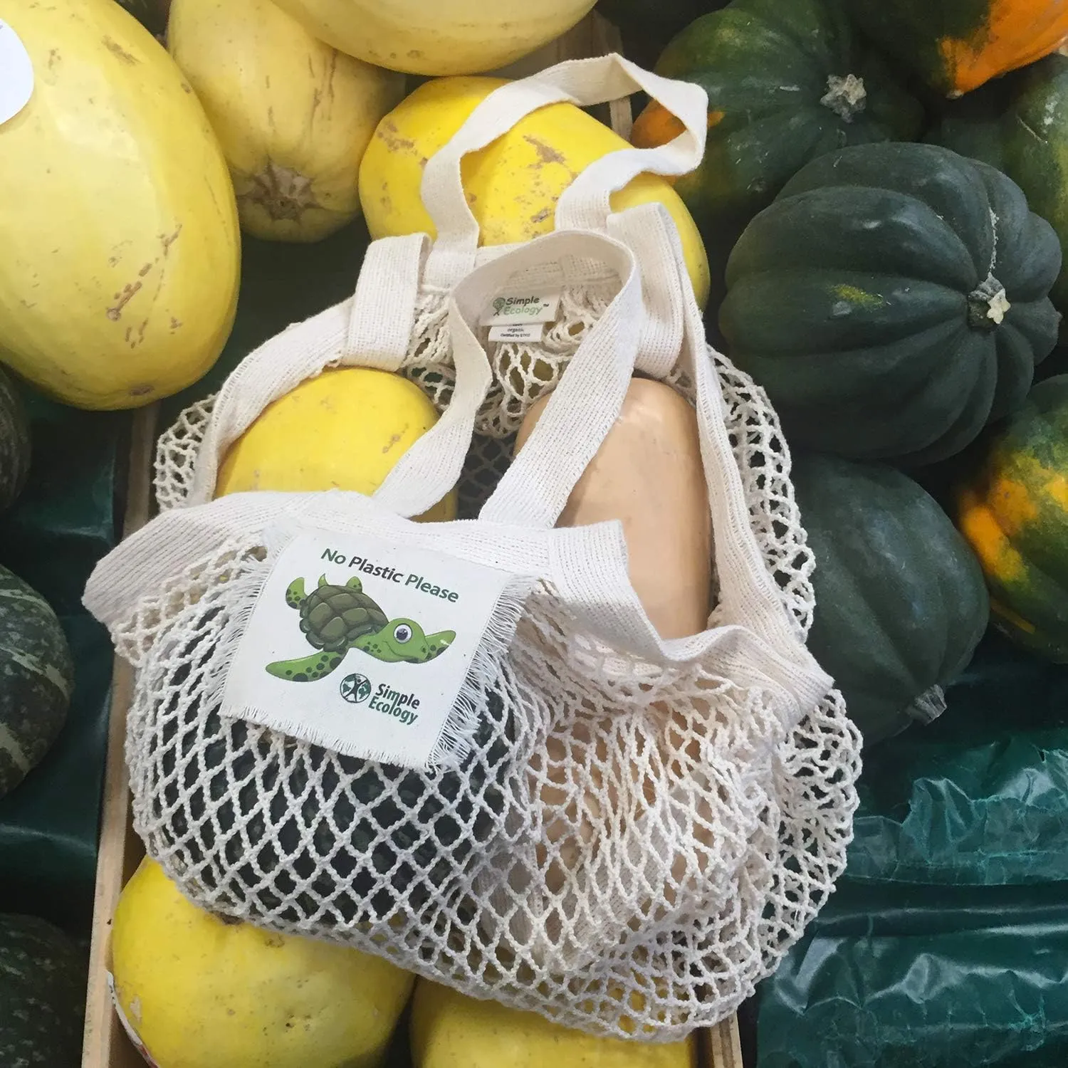 “No Plastic Please Organic Cotton Reusable Sea Turtle Gift & Starter Set (string produce saver bags, food storage, bulk bin, with tare weight tag and drawstring, waste free)