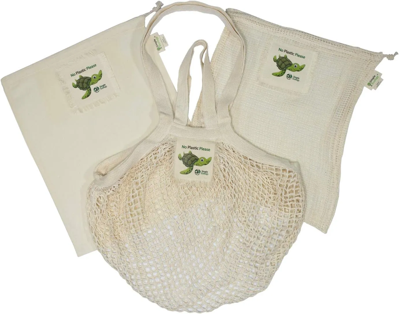“No Plastic Please Organic Cotton Reusable Sea Turtle Gift & Starter Set (string produce saver bags, food storage, bulk bin, with tare weight tag and drawstring, waste free)