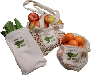 “No Plastic Please Organic Cotton Reusable Sea Turtle Gift & Starter Set (string produce saver bags, food storage, bulk bin, with tare weight tag and drawstring, waste free)