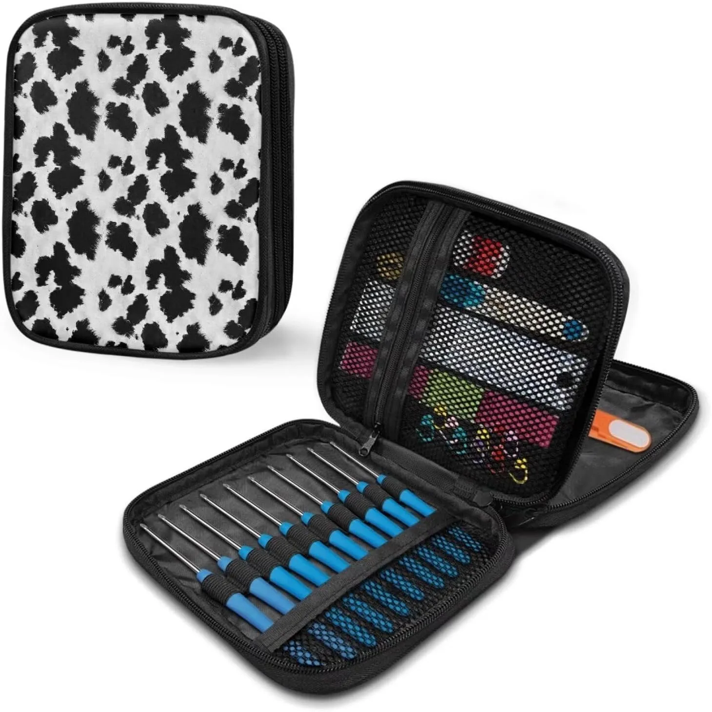 Noprintge Black White Cowhide Print Crochet Hook Organizer Case, Retro Square Knitting Needle Storage Bag, Travel Organizer Bag for Crochet Hook and Knitting Accessories (No Accessories Included)