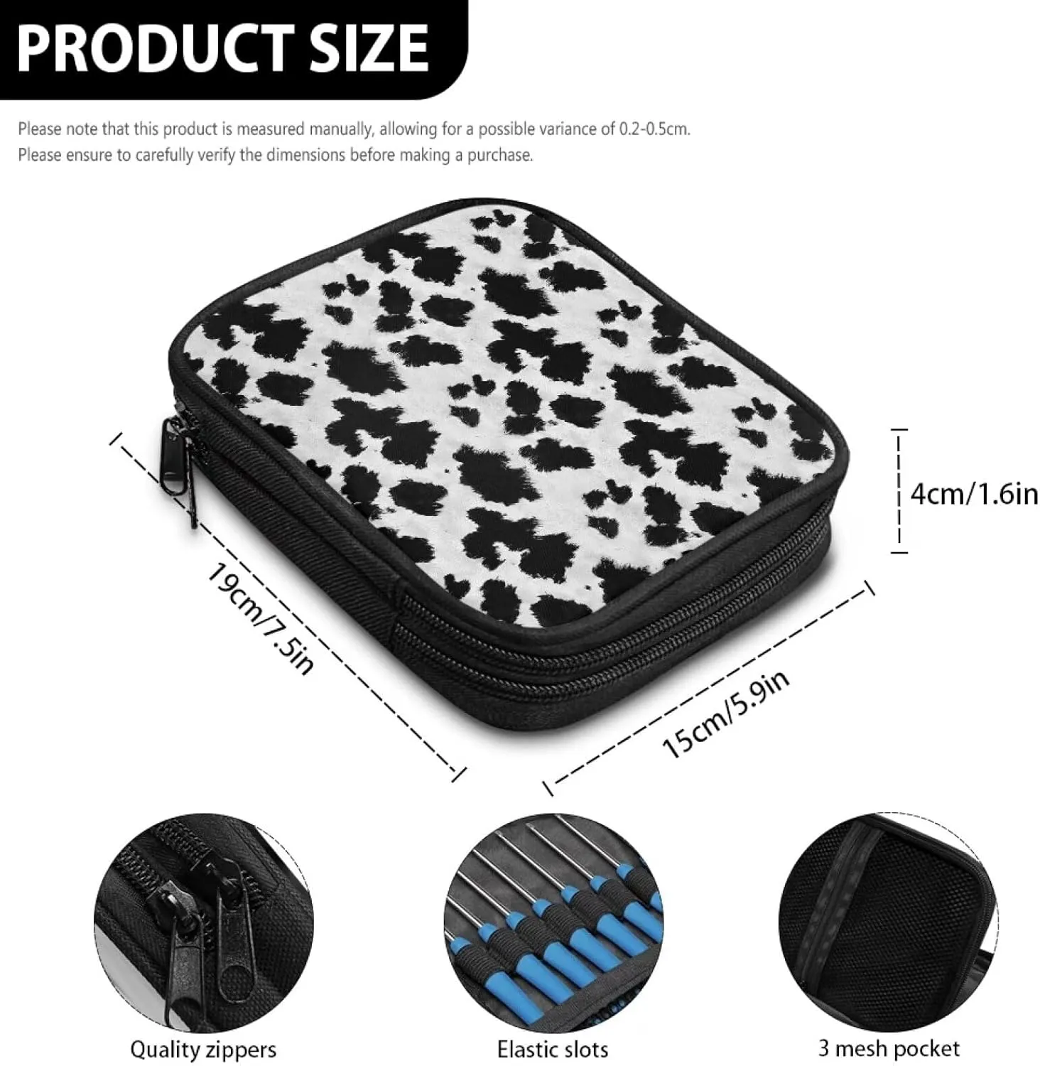 Noprintge Black White Cowhide Print Crochet Hook Organizer Case, Retro Square Knitting Needle Storage Bag, Travel Organizer Bag for Crochet Hook and Knitting Accessories (No Accessories Included)
