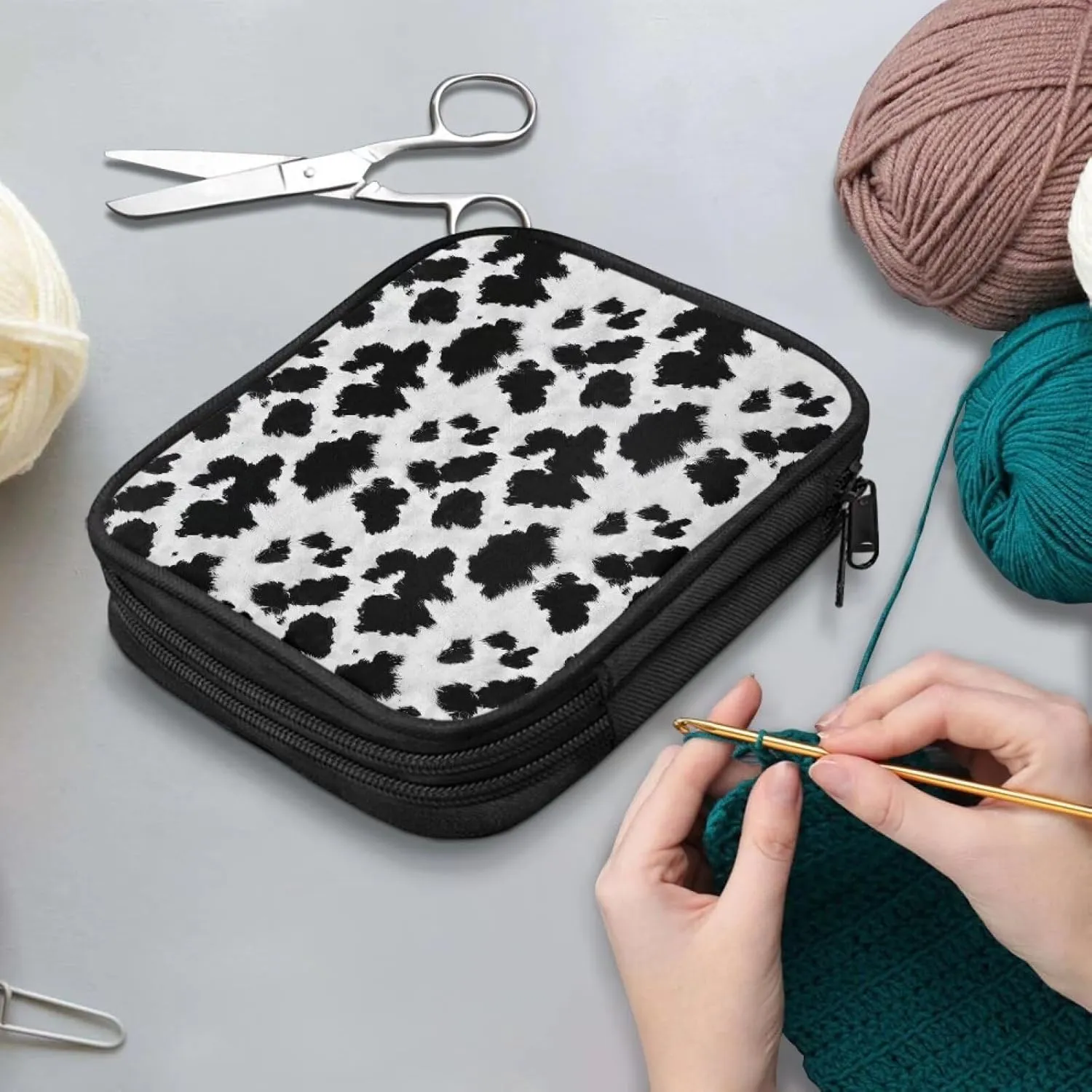 Noprintge Black White Cowhide Print Crochet Hook Organizer Case, Retro Square Knitting Needle Storage Bag, Travel Organizer Bag for Crochet Hook and Knitting Accessories (No Accessories Included)