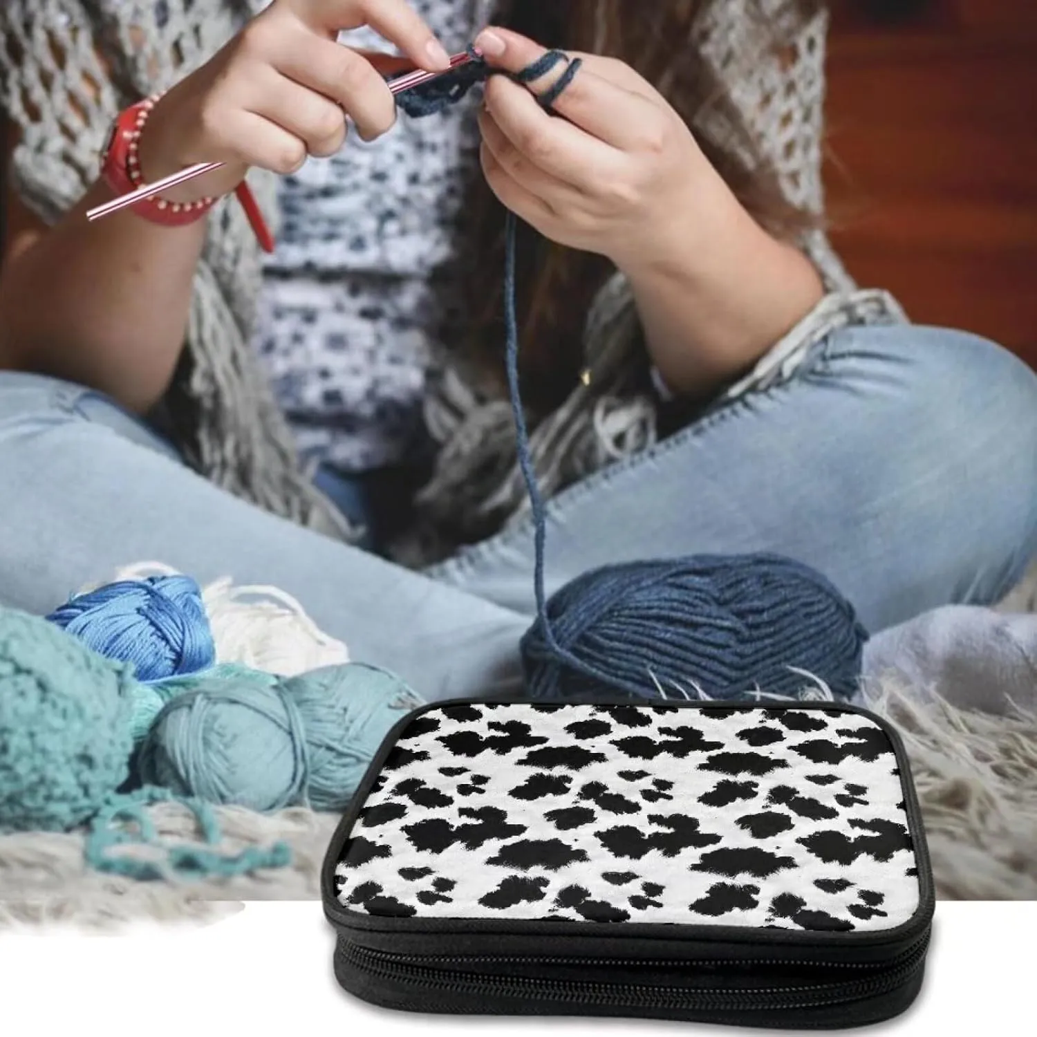 Noprintge Black White Cowhide Print Crochet Hook Organizer Case, Retro Square Knitting Needle Storage Bag, Travel Organizer Bag for Crochet Hook and Knitting Accessories (No Accessories Included)