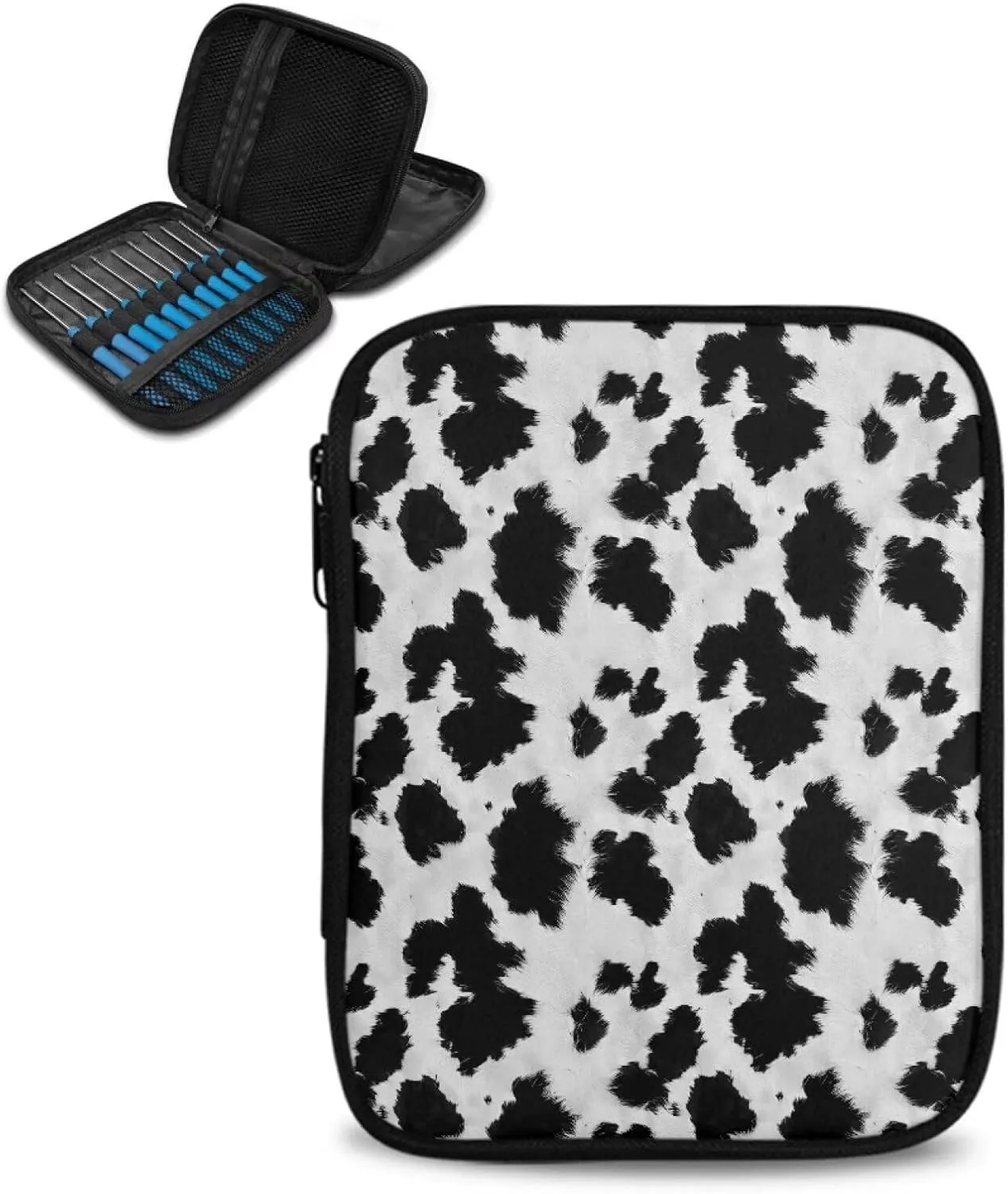 Noprintge Black White Cowhide Print Crochet Hook Organizer Case, Retro Square Knitting Needle Storage Bag, Travel Organizer Bag for Crochet Hook and Knitting Accessories (No Accessories Included)