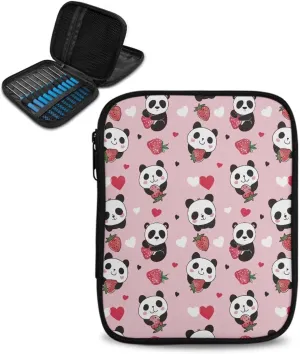 Noprintge Cartoon Panda Strawberry Print Crochet Hook Organizer Case, Square Knitting Needle Storage Bag, Travel Organizer Bag for Crochet Hook and Knitting Accessories (No Accessories Included)