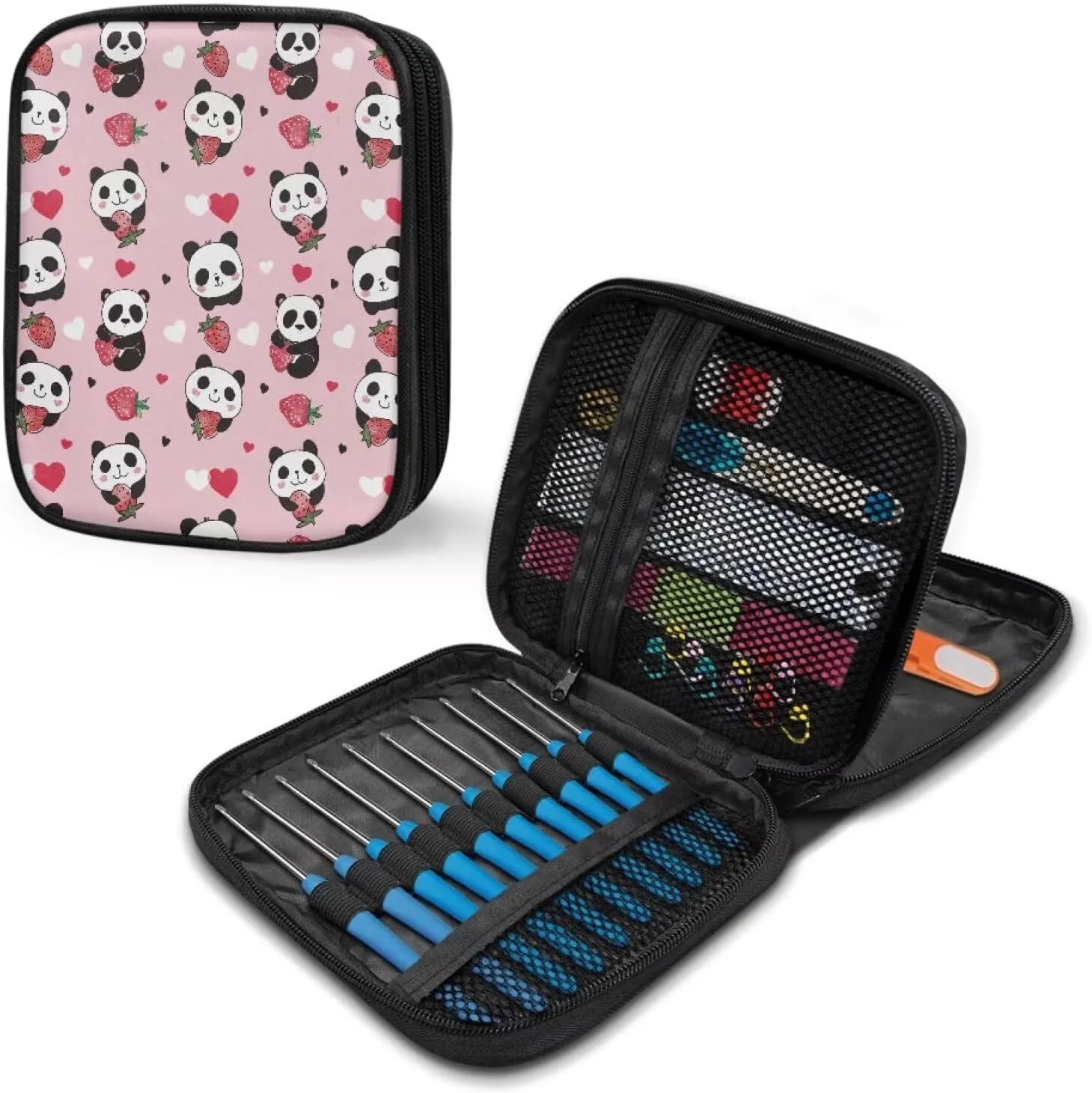 Noprintge Cartoon Panda Strawberry Print Crochet Hook Organizer Case, Square Knitting Needle Storage Bag, Travel Organizer Bag for Crochet Hook and Knitting Accessories (No Accessories Included)