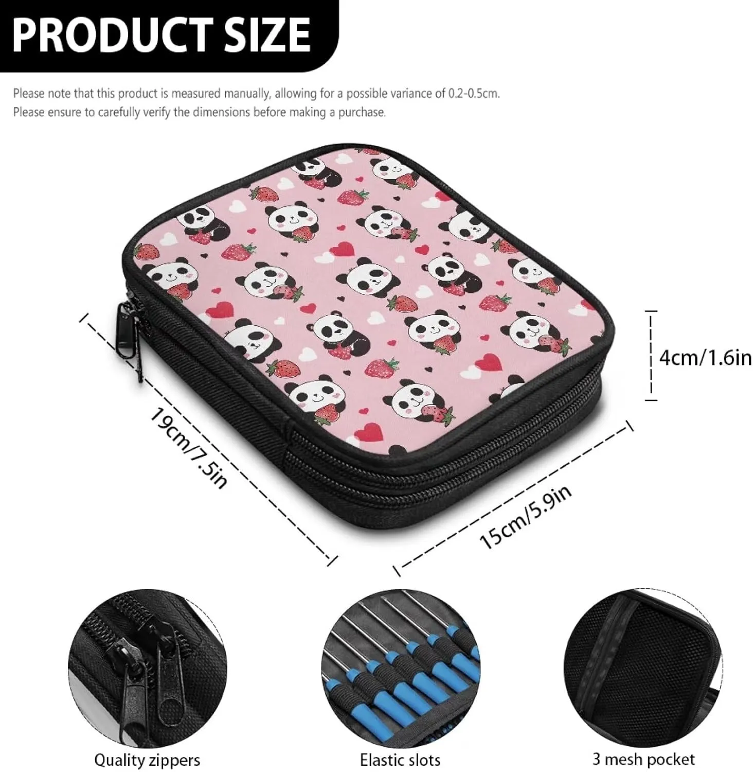 Noprintge Cartoon Panda Strawberry Print Crochet Hook Organizer Case, Square Knitting Needle Storage Bag, Travel Organizer Bag for Crochet Hook and Knitting Accessories (No Accessories Included)