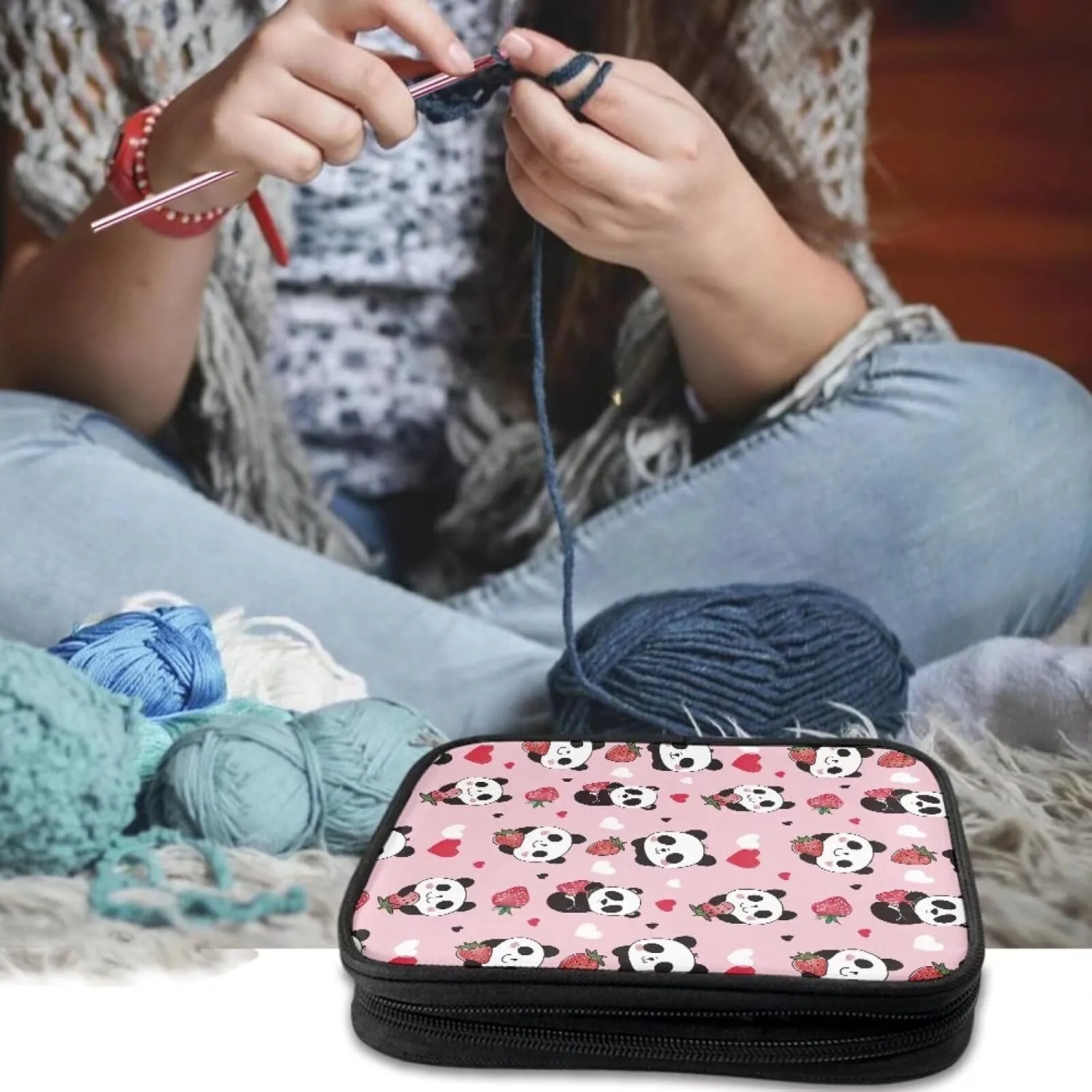 Noprintge Cartoon Panda Strawberry Print Crochet Hook Organizer Case, Square Knitting Needle Storage Bag, Travel Organizer Bag for Crochet Hook and Knitting Accessories (No Accessories Included)