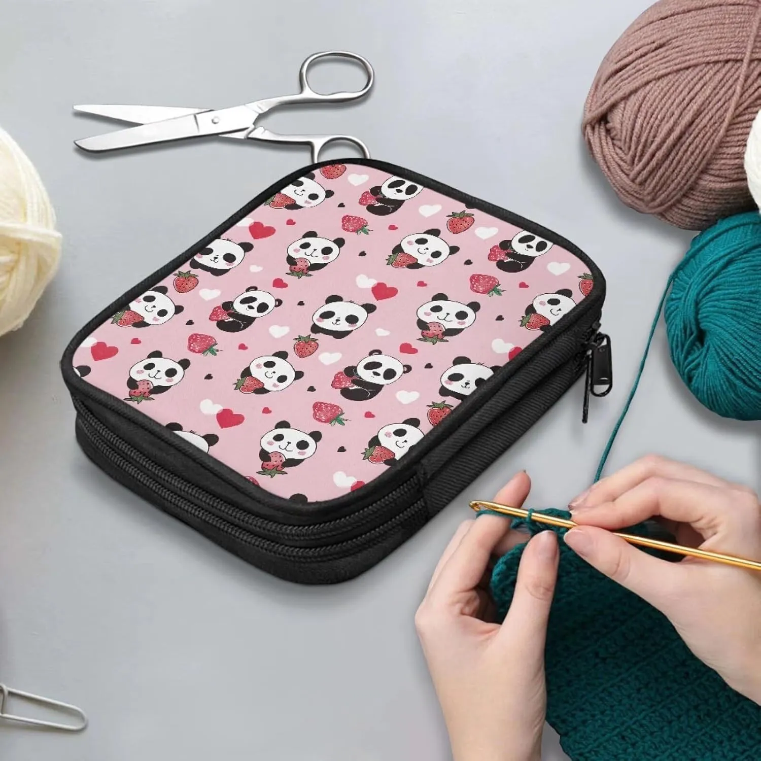 Noprintge Cartoon Panda Strawberry Print Crochet Hook Organizer Case, Square Knitting Needle Storage Bag, Travel Organizer Bag for Crochet Hook and Knitting Accessories (No Accessories Included)