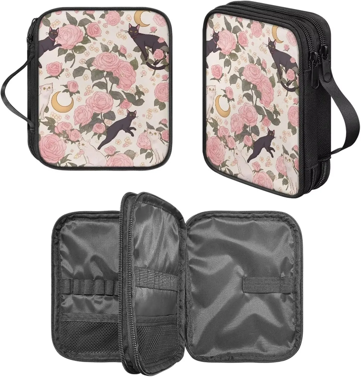 Noprintge Crochet Hook Case Knitting Needle Storage Bag, Travel Organizer Bag for Crochet Hook and Knitting Accessories, Easy to Carry, Rose and Cats (Case Only)