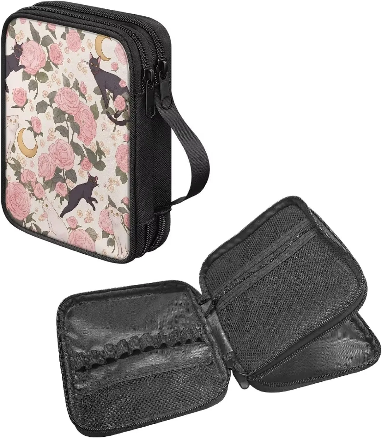 Noprintge Crochet Hook Case Knitting Needle Storage Bag, Travel Organizer Bag for Crochet Hook and Knitting Accessories, Easy to Carry, Rose and Cats (Case Only)
