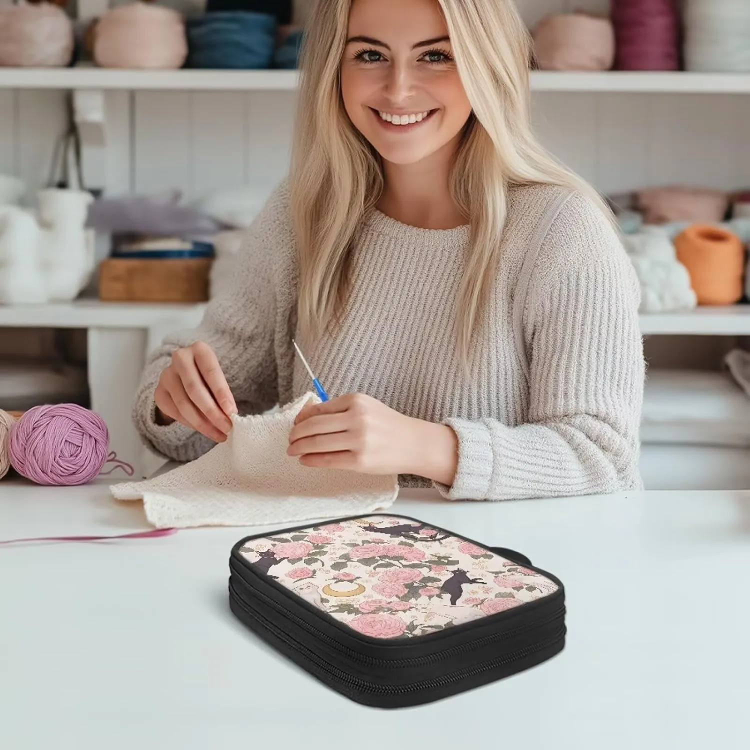 Noprintge Crochet Hook Case Knitting Needle Storage Bag, Travel Organizer Bag for Crochet Hook and Knitting Accessories, Easy to Carry, Rose and Cats (Case Only)