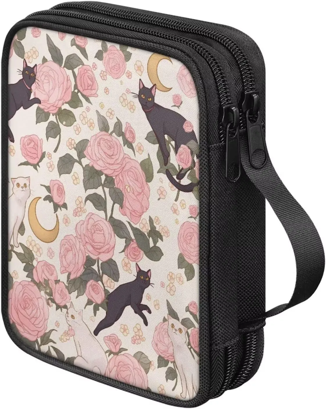Noprintge Crochet Hook Case Knitting Needle Storage Bag, Travel Organizer Bag for Crochet Hook and Knitting Accessories, Easy to Carry, Rose and Cats (Case Only)