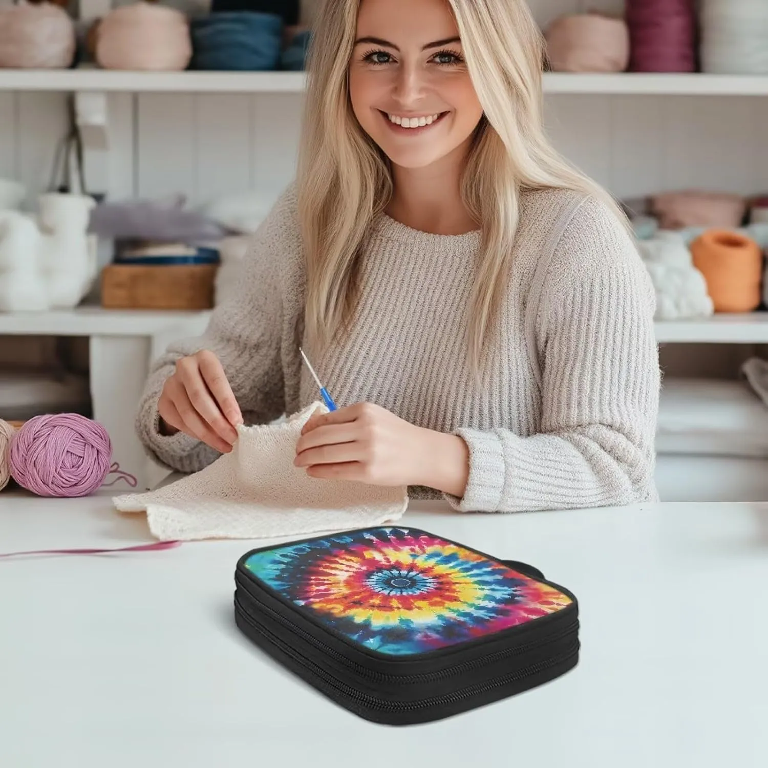 Noprintge Rainbow Tie Dye Crochet Hook Case Knitting Needle Storage Bag, Travel Organizer Bag for Crochet Hook and Knitting Accessories, Easy to Carry (Case Only)