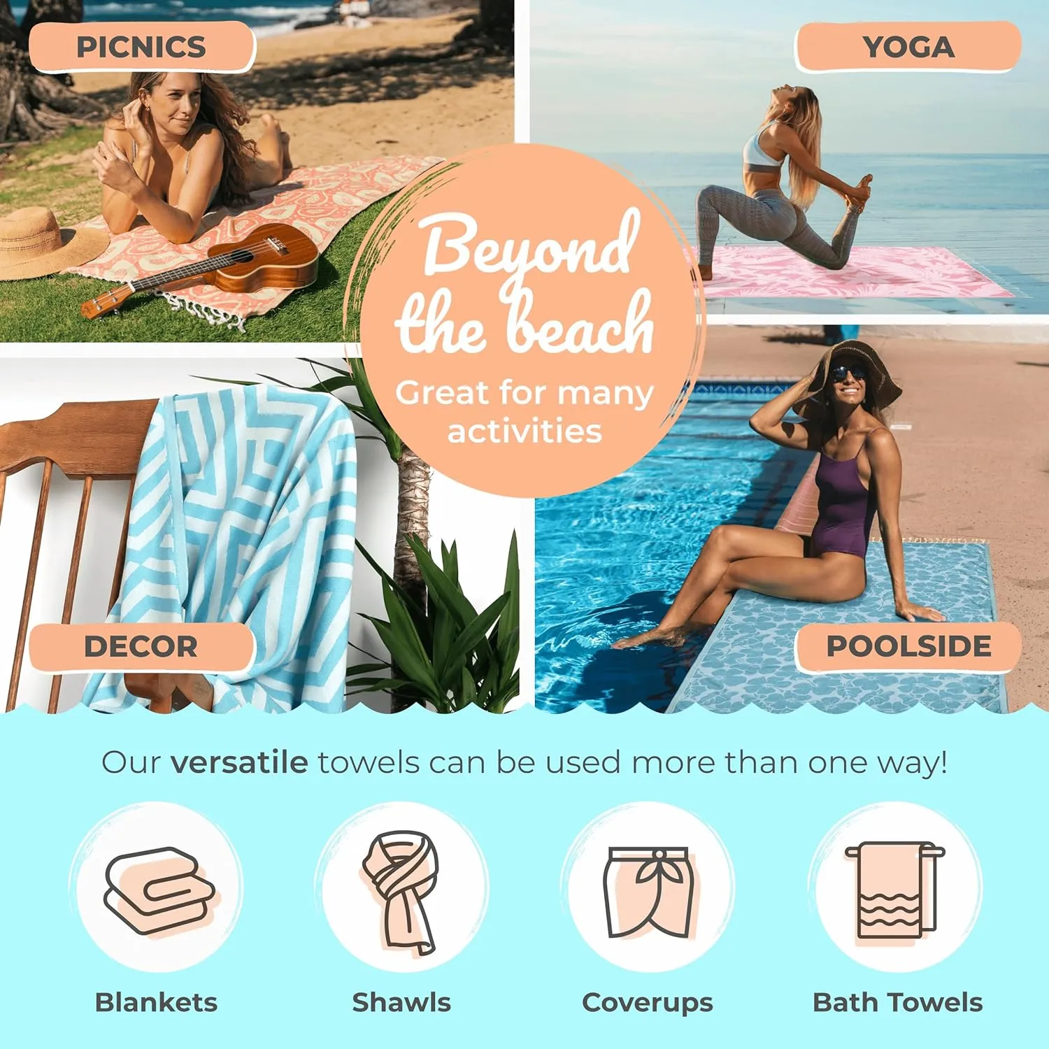 Nova Blue Tropical Turkish Beach Towel (35 x 67) - Extra Large Wave Pattern, 100% Cotton - Packable Travel Towel With Unique Designs