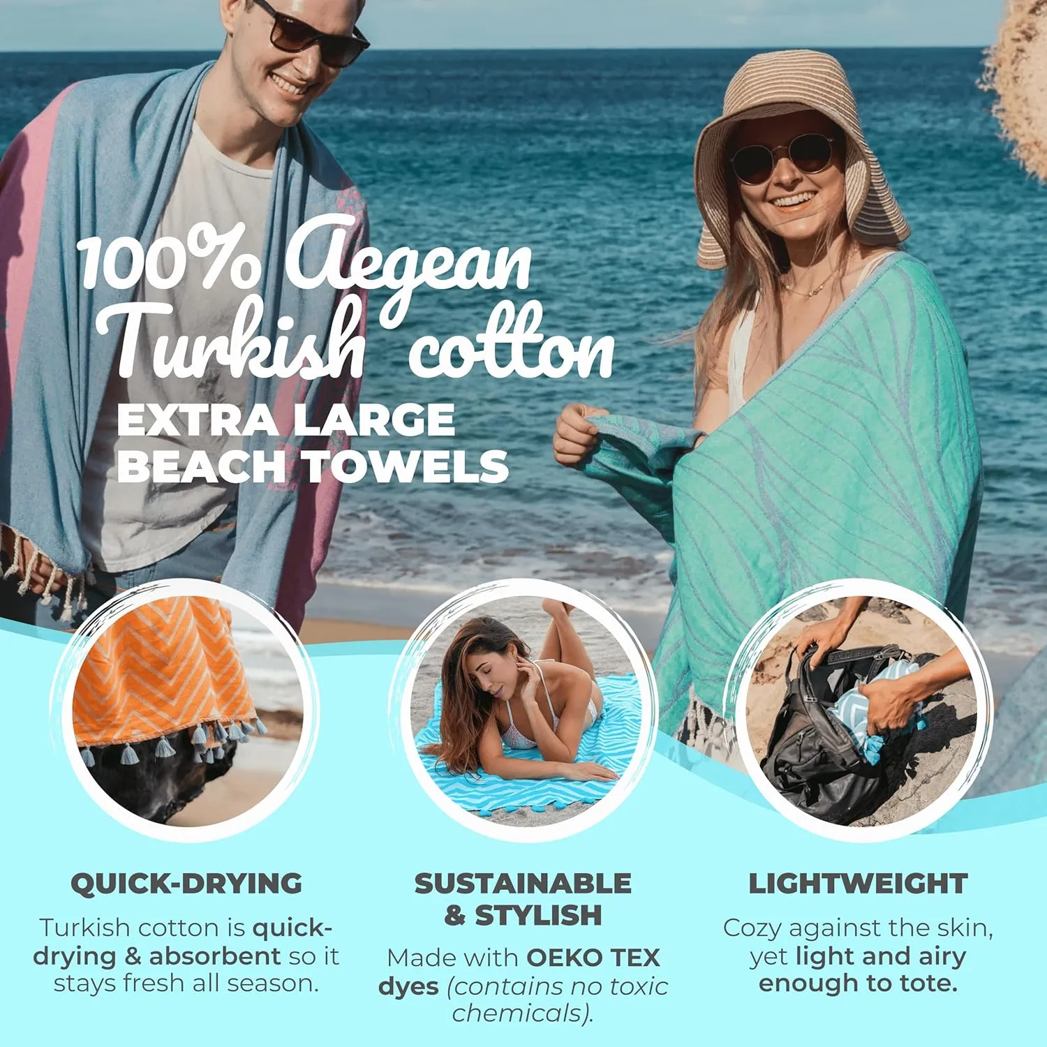 Nova Blue Tropical Turkish Beach Towel (35 x 67) - Extra Large Wave Pattern, 100% Cotton - Packable Travel Towel With Unique Designs