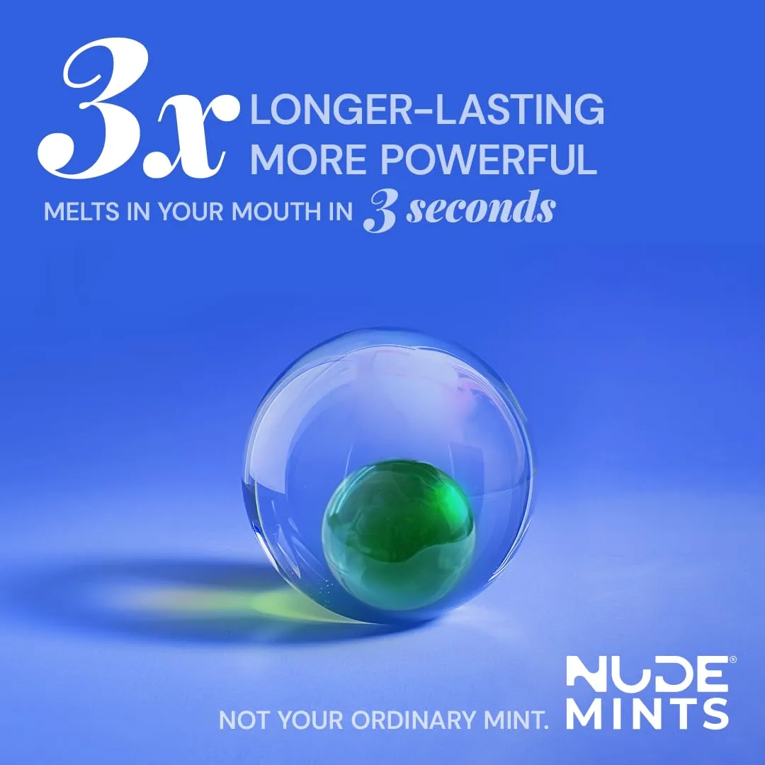 NUDE MINTS | Dual Action Liquid Capsules | Mouth Watering Mint - Lasts 3X Longer - 3X Stronger - Extreme Bad Breath Treatment For Adults - Sugar Free, 0 Calorie - Peppermint - 5 Pack - 150 Capsules
