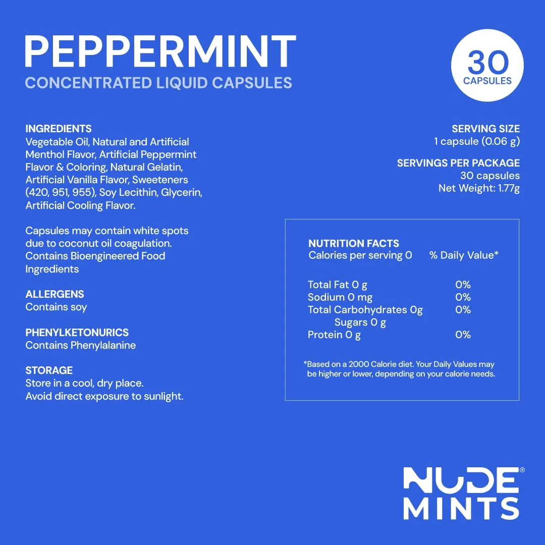 NUDE MINTS | Dual Action Liquid Capsules | Mouth Watering Mint - Lasts 3X Longer - 3X Stronger - Extreme Bad Breath Treatment For Adults - Sugar Free, 0 Calorie - Peppermint - 5 Pack - 150 Capsules