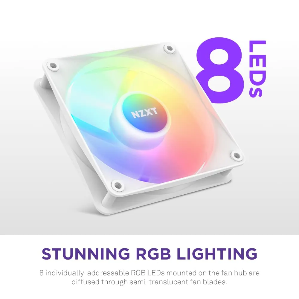 NZXT F120 RGB Core Triple Pack - 3 x 120mm Hub-Mounted RGB Fans with RGB Controller - 8 Individually-Addressable LEDs - Semi-Translucent Blades - High Static Pressure & Airflow - CAM Software - White