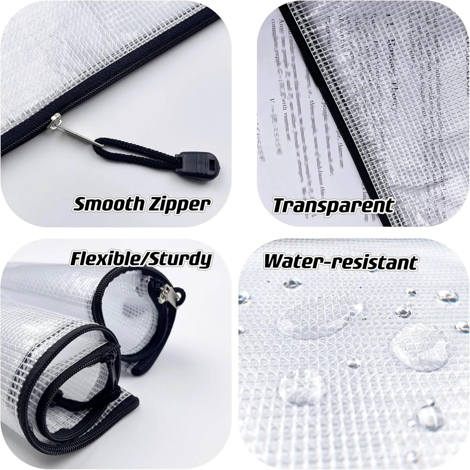 Oaimyy-A4(9"x 13"), Mesh Zipper Pouch Document Folders Bag Plastic Zip File Folders for School Office Supplies, Travel, Organizing Storage-Black,6 Pcs